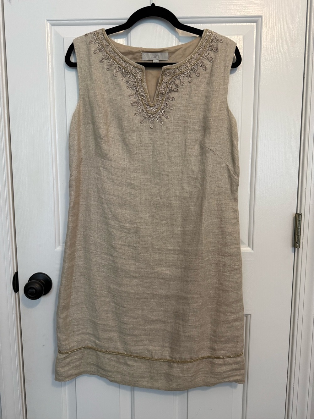 LOFT Neutral Beige Embroidered Midi Shift Dress
